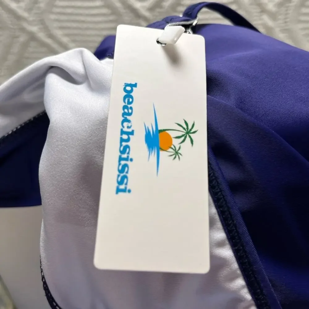 NWT Beachsissi Ruffle Flowy Bandeau Basic Nautical Bikini Top‎ Blue Sz Large
